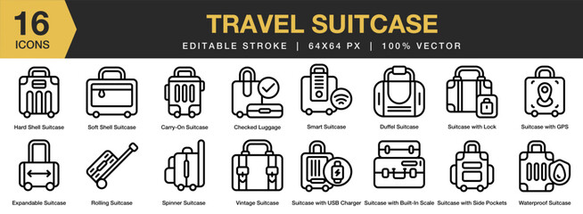 Travel Suitcase icon set. Editable Stroke Icon Collection. Includes travel, suitcase, trip, luggage, baggage, and More. Outline icons vector collection.