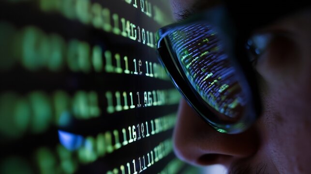 Close up of a programmer's face reflected on glasses viewing green binary code on a dark monitor screen : Generative AI - Powered by Adobe