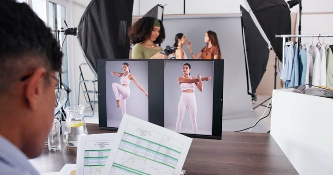 Photography, editor and model with people in studio for branding campaign, athleisure fashion line or promotion. Behind the scenes, ecommerce photoshoot or media launch with team on set for project