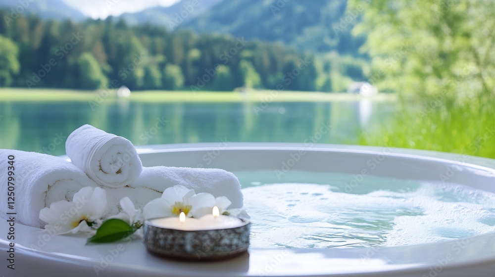 Poster luxurious spa experience with bath towels and candles by a tranquil lake : generative ai