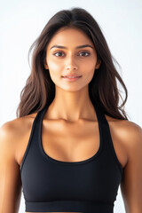 close up of Indian sporty woman standing on white background