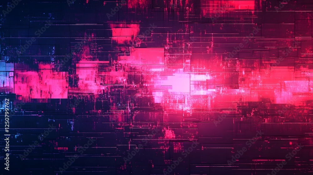 Poster Vibrant Futuristic Digital Glitch Abstract with Neon Glow and Dynamic Energy Wave Effect  Chaotic matrix of pixels data code
