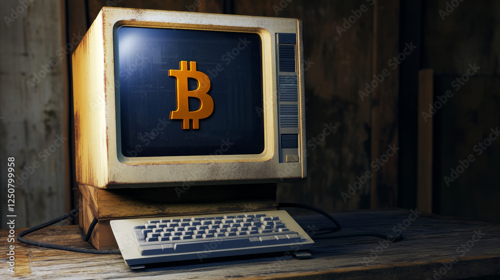 Poster bitcoin data exchange, computer crypto mining isolated outline icon. vector computer display with bi