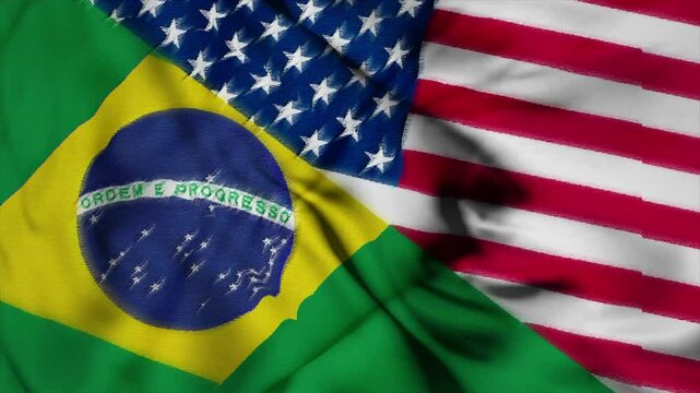 Animated Video with Two Wavy Flags of USA and Brazil