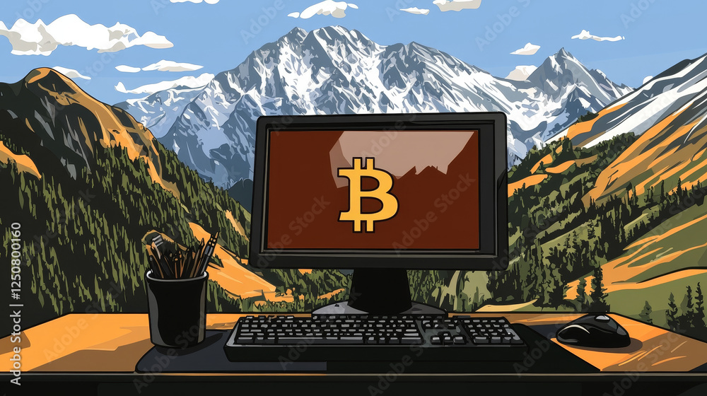 Poster bitcoin data exchange, computer crypto mining isolated outline icon. vector computer display with bi