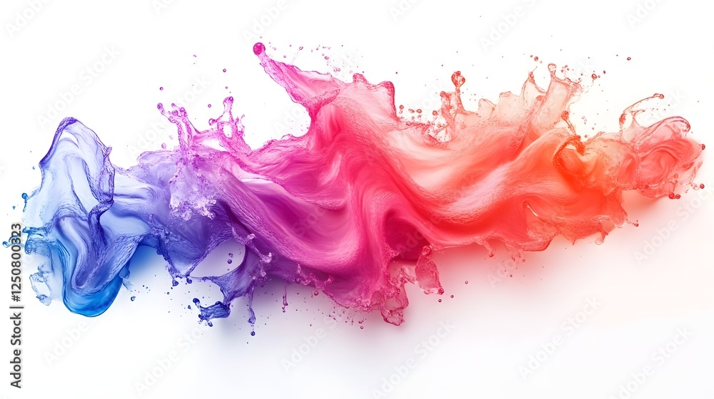 Poster Vibrant Liquid Splash of Colored Paints in Dynamic Motion on White Background  Abstract Digital or 3D Render of Flowing Colorful Fluid Ink or Water with Swirling Gradient Patterns