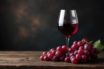 Elegant red wine, rustic wood, dark grapes, moody sky , flavor, wineglass, dark grapes
