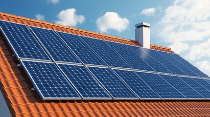A close-up view of solar panels installed on a rooftop, showcasing renewable energy technology and sustainability under a bright blue sky with fluffy clouds.