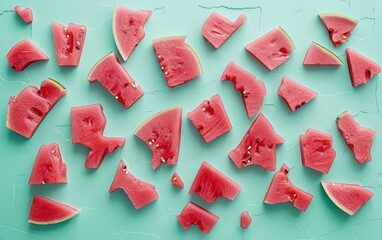 Sliced watermelon pieces arranged in a visually pleasing pattern on a pastel turquoise background