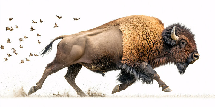 A breathtaking image of a bison running across a white background, accompanied by birds in flight.