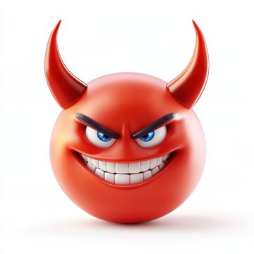 3D icon cartoon devil emoji with horns and a smirk, isolated on a white background