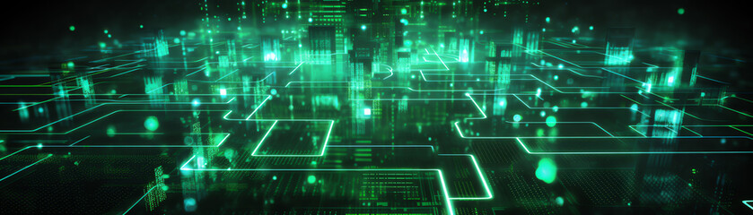 Obraz premium A mesmerizing digital landscape showcasing vibrant green light patterns, symbolizing advanced technology and interconnected systems, perfect for innovation and tech-themed projects