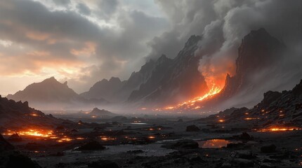 A stunning panoramic view of an erupting volcano, with glowing lava flows illuminating the dark landscape under a moody sky. Perfect for conveying power and natural beauty