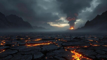 A stunning panoramic view of an erupting volcano, with glowing lava flows illuminating the dark landscape under a moody sky. Perfect for conveying power and natural beauty