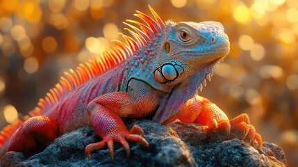 Fototapeta premium A colorful iguana basking on a rock in the bright sunlight
