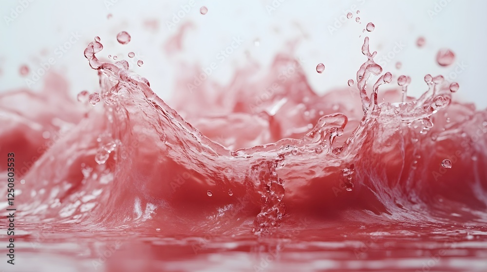 Poster Vibrant red splash of liquid in dynamic motion with bursting droplets ripples and fluid patterns  Conveying a sense of energy force and refreshing vitality  visually striking background or texture