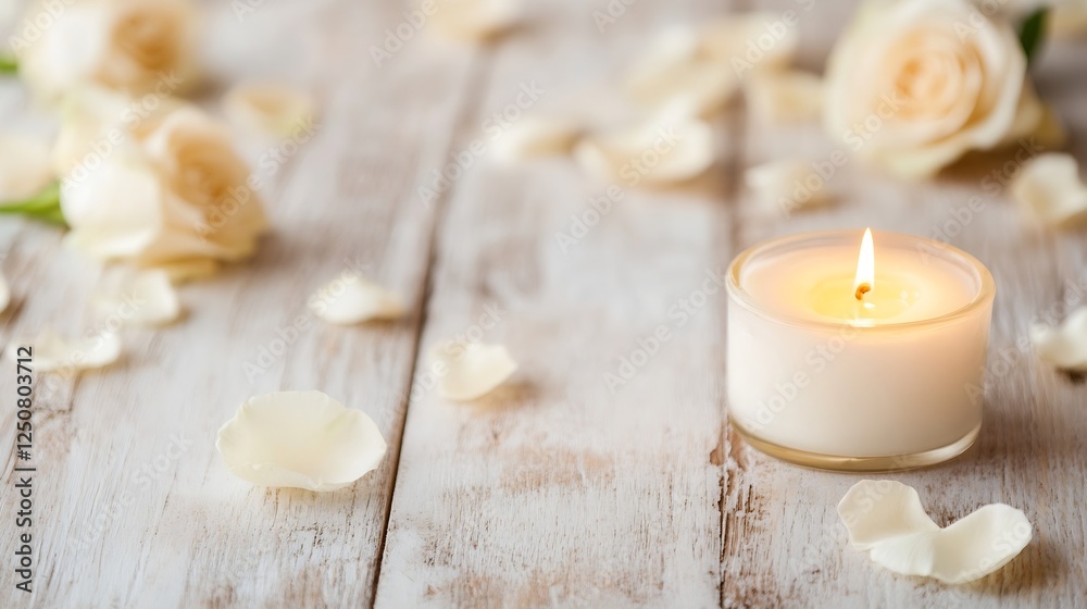 Poster gently glowing candle placed on rustic wood table surrounded by soft rose petals for a romantic sett