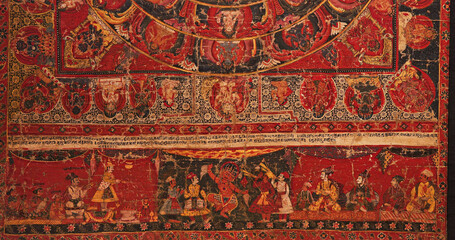Close-up view on Vishnu With Shridevi And Garuda. centre of mandala is Vishnu as para or Supreme deity, painted white as described in Panchratra Samhita. He is accompanied by his mount Garuda and