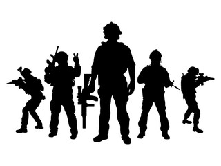 Set of Soldier and Army Force Silhouette in various poses isolated on white background
