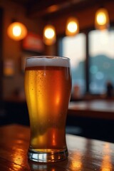 Golden beer in glass, blurry pub background at dusk, evening, bubbles, texture