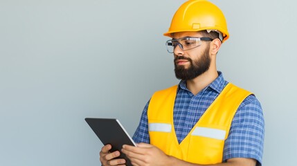 A construction worker wearing a hard hat and safety glasses uses a tablet to check plans on a construction site. The focus is on safety and technology in the modern workplace.