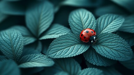Ladybug on teal leaves, garden background, nature poster