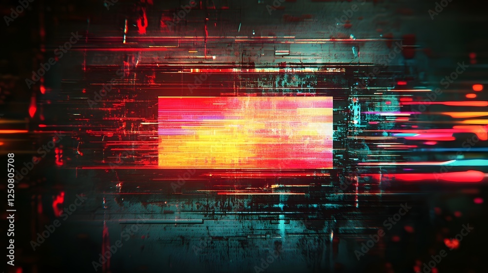 Poster Visually striking digital abstract artwork featuring a chaotic glitched out composition of overlapping geometric shapes bold color gradients and a sense of dynamic energy and motion