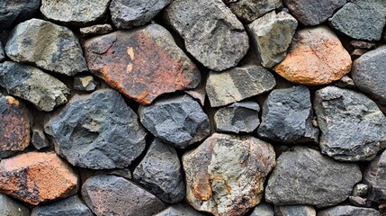 Fototapeta premium Natural stone wall featuring various textured rocks in earthy tones and colors arranged in an organic pattern