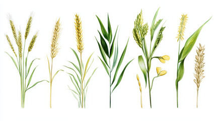 Wheat, rye, barley, rice, millet cereal ear or spike icons. Vector natural plant yellow stalks, grains for flour and baking bread, isolated spikelet set for bakery symbol or harvest emblem