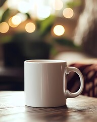 A white coffee mug mockup on a boho background with bokeh effects