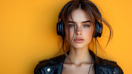 Young woman with headphones, wearing a leather jacket, against a sharp orange background that contrasts with her attire