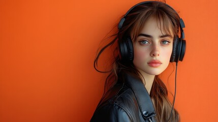 Young woman with headphones, wearing a leather jacket, against a sharp orange background that contrasts with her attire