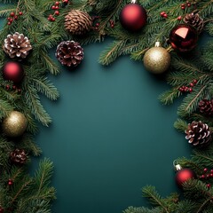 Festive Holiday Decor with Pine Branches and Ornaments on Green Background