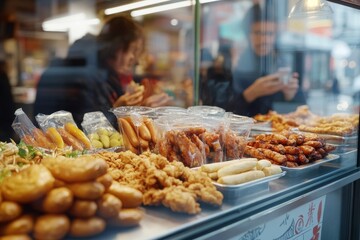 Obraz premium Vibrant street food display close up of chicken wings and hot dogs amidst bustling urban life