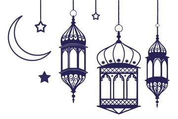 Obraz premium Islamic lantern element set for Ramadan in silhouettes. Arabic antique hanging oil lamp lights isolated vector.