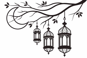 Naklejka premium Islamic lantern element set for Ramadan in silhouettes. Arabic antique hanging oil lamp lights isolated vector.