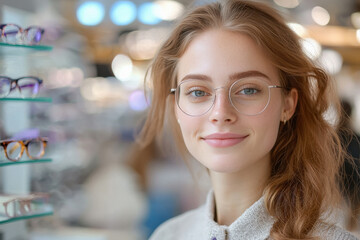 Obraz premium a friendly woman is looking She is standing in a optical shop and is wearing purple glasses.