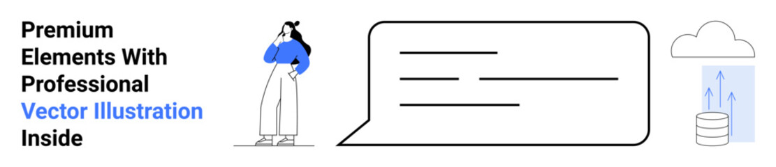 Woman in casual outfit stands thoughtfully beside speech bubble and cloud with server upload symbol. Ideal for communication, cloud storage, tech, thinking, chat, planning, flat landing page banner