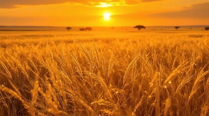 A stunning golden sunset over a tranquil savanna landscape, accentuated by lush grasses and silhouettes of distant trees, evoking a sense of peace and harmony with nature