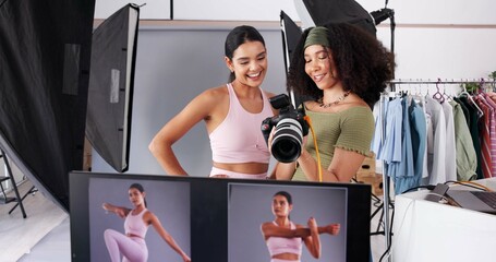 Photography, team and model with women in studio for branding campaign, athleisure fashion line or...