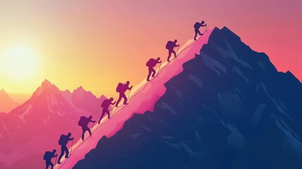 Fototapeta premium Climbers Ascending a Majestic Mountain at Sunset
