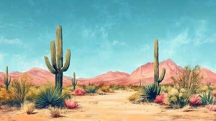 Lush Desert Landscape with Colorful Cacti and Mountains Under Clear Blue Sky in Warm Desert Environment