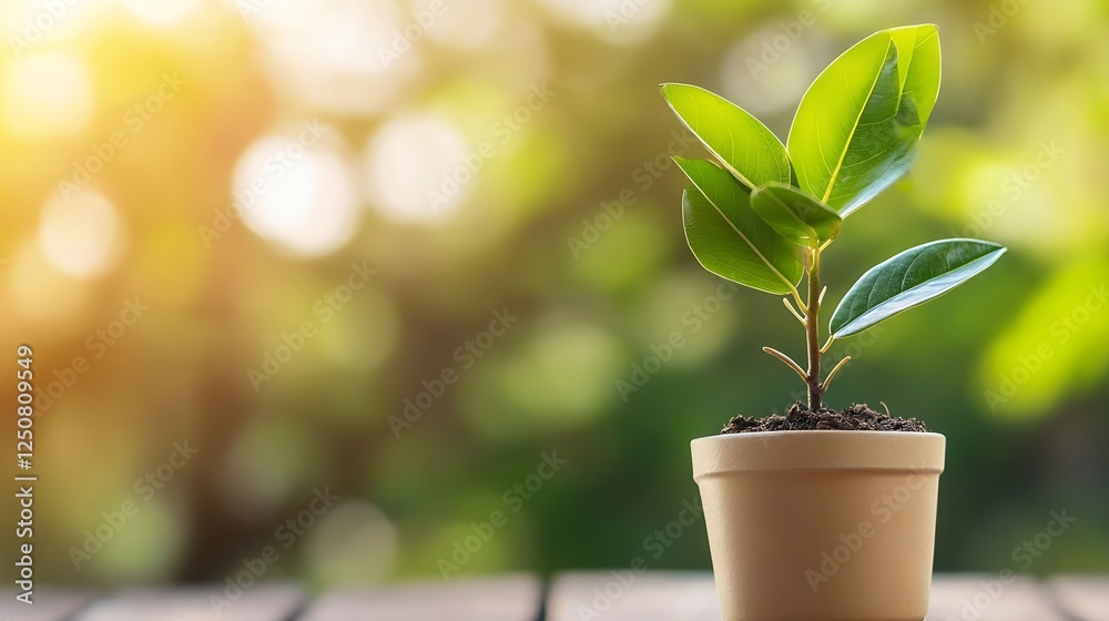 Poster fresh green plant in simple pot illuminated by natural sunlight creating a vibrant atmosphere : gene