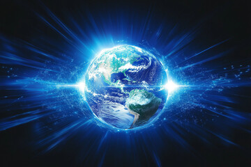 Fototapeta premium Global digital network, spinning earth from space with virtual connections linking cities across the world, representing data exchange and global communication