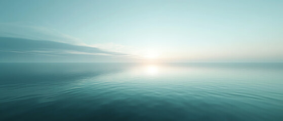 Obraz premium A serene seascape featuring calm waters reflecting a soft gradient of colors. The sun rises gently over the horizon, casting a peaceful ambiance and inspiring tranquility.