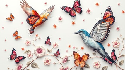 Obraz premium Celestial Symphony: Birds and Butterflies Dance on a Dreamy Kaleidoscope