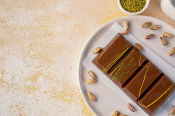 Chocolate bar filled with pistachio kunafa. Dubai chocolate