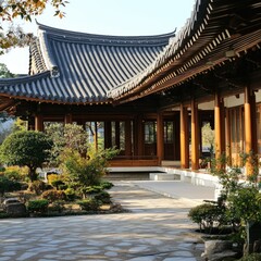 Fototapeta premium Tranquil traditional architecture in a serene garden setting