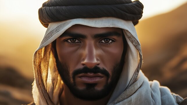 Portrait of a Middle Eastern man in the desert. A man in white Arab clothing, during the time of Jesus Christ. Biblical story.