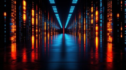 Fototapeta premium A visually striking futuristic data center illuminated by glowing red and blue digital interfaces. 